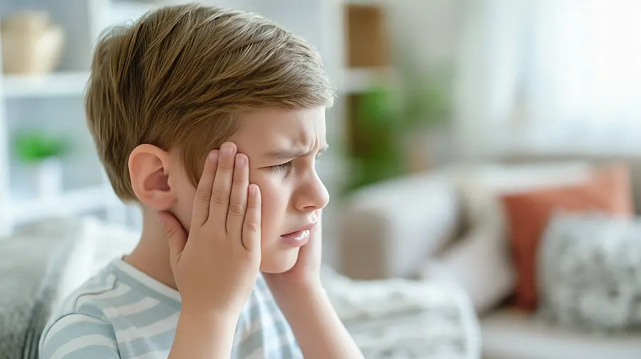Jeune garçon portant la main à son oreille